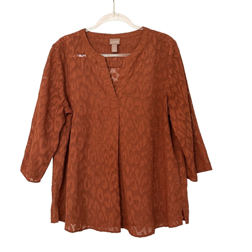 Chicos Womens Size 2 Brown Leopard Burnout V-Neck 3/4‎ Sleeve Blouse Top